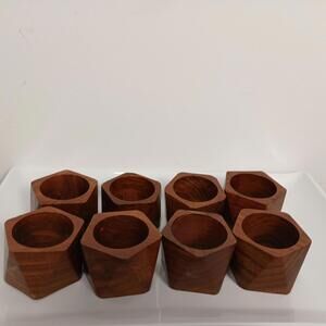 Set of 8 Wooden Napkin Rings Geometric Asymmetrical Mid Century Style 2"